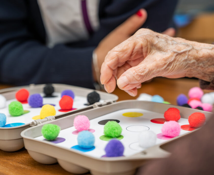 Rehabilitation center. Brain therapy cognitive psychological testing on senior patient. Alzheimer’s disease and dementia prevention concept. Adaptation skills recovery